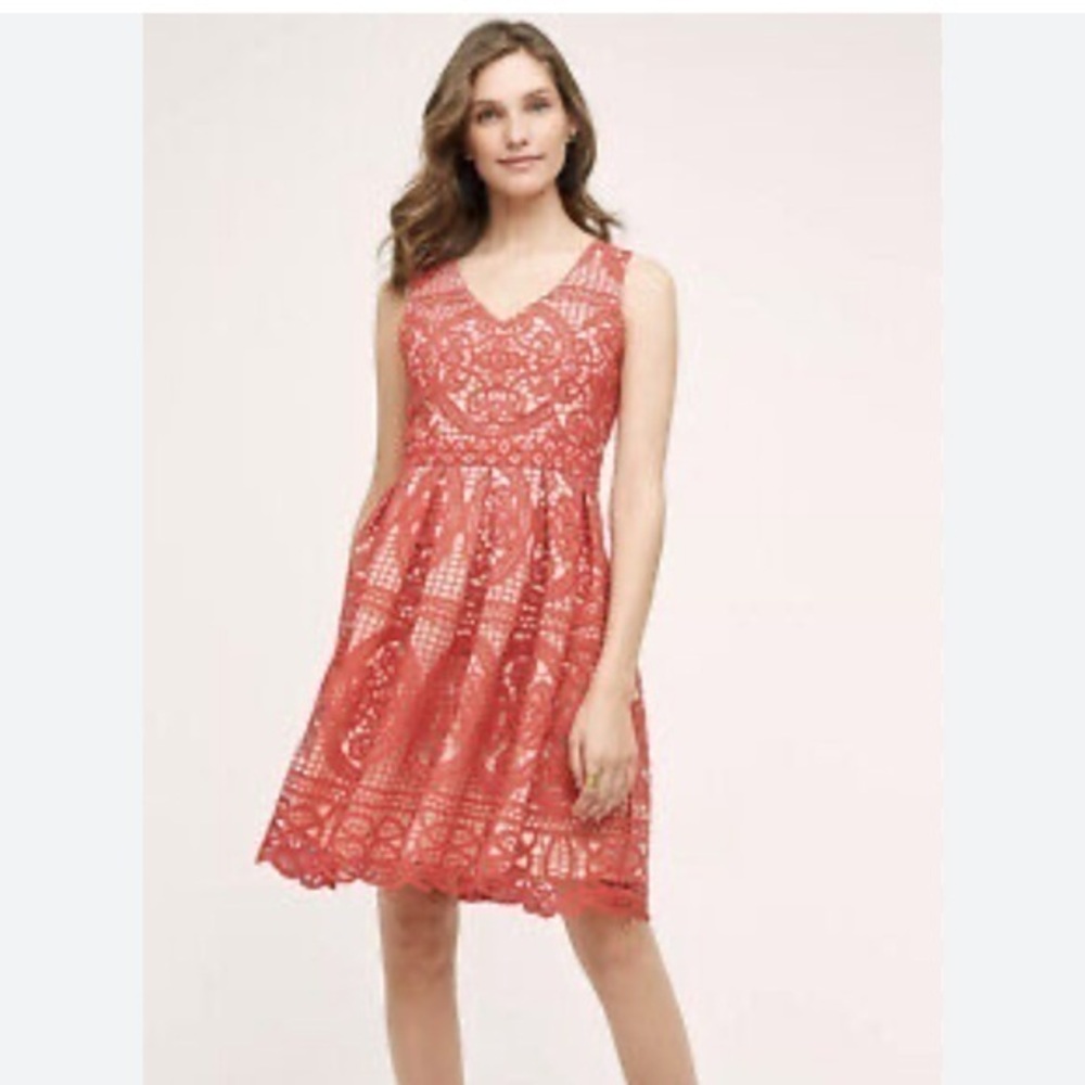 HD In Paris Anthropologie Amira Dress Coral Lace Sleeveless Dress NWT Sz 4